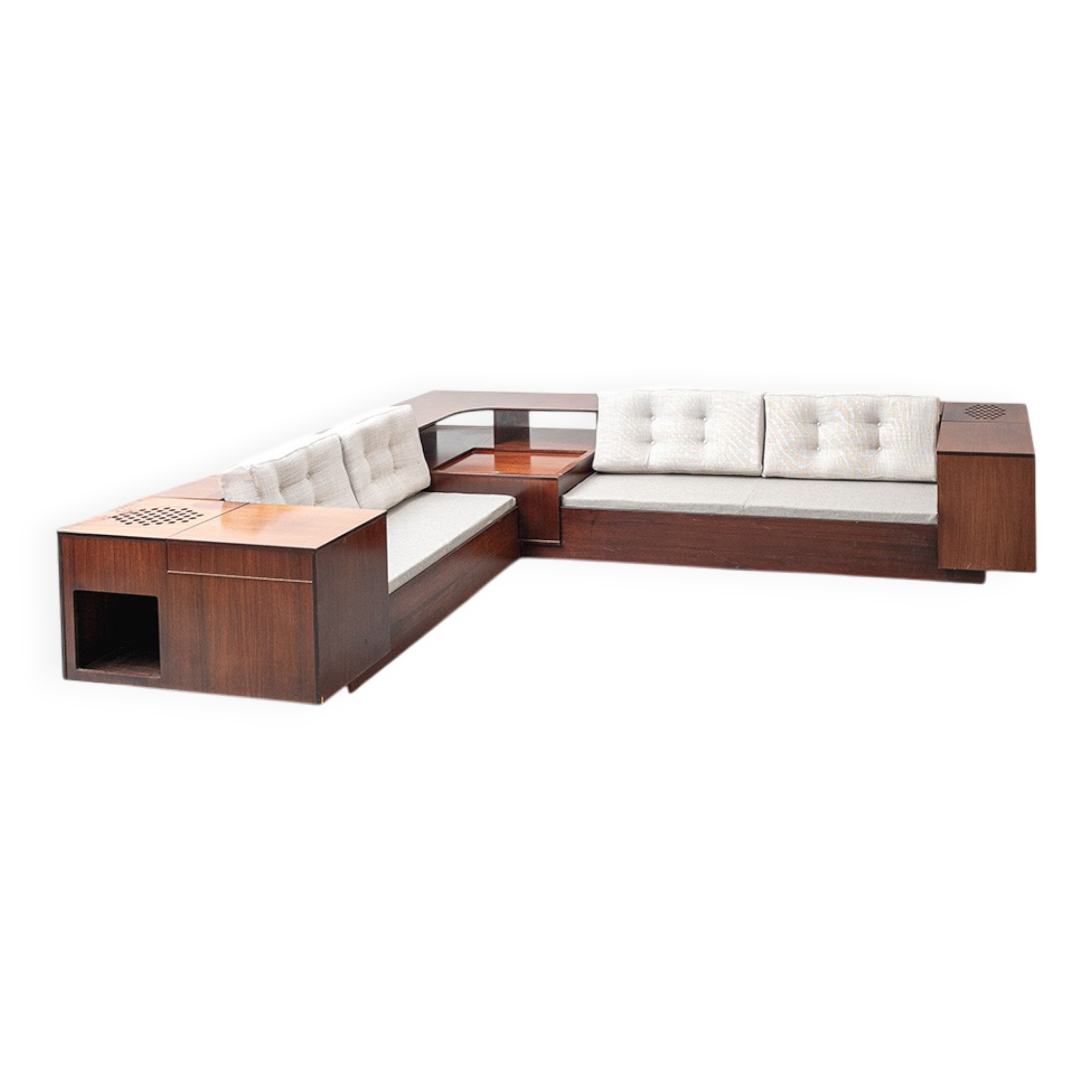 Canapé d'angle vintage avec compartiments de rangement et radio intégrée – design italien des années 1970