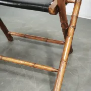 1970s French Folding Safari Chair in Teak, Black Leather and Brass