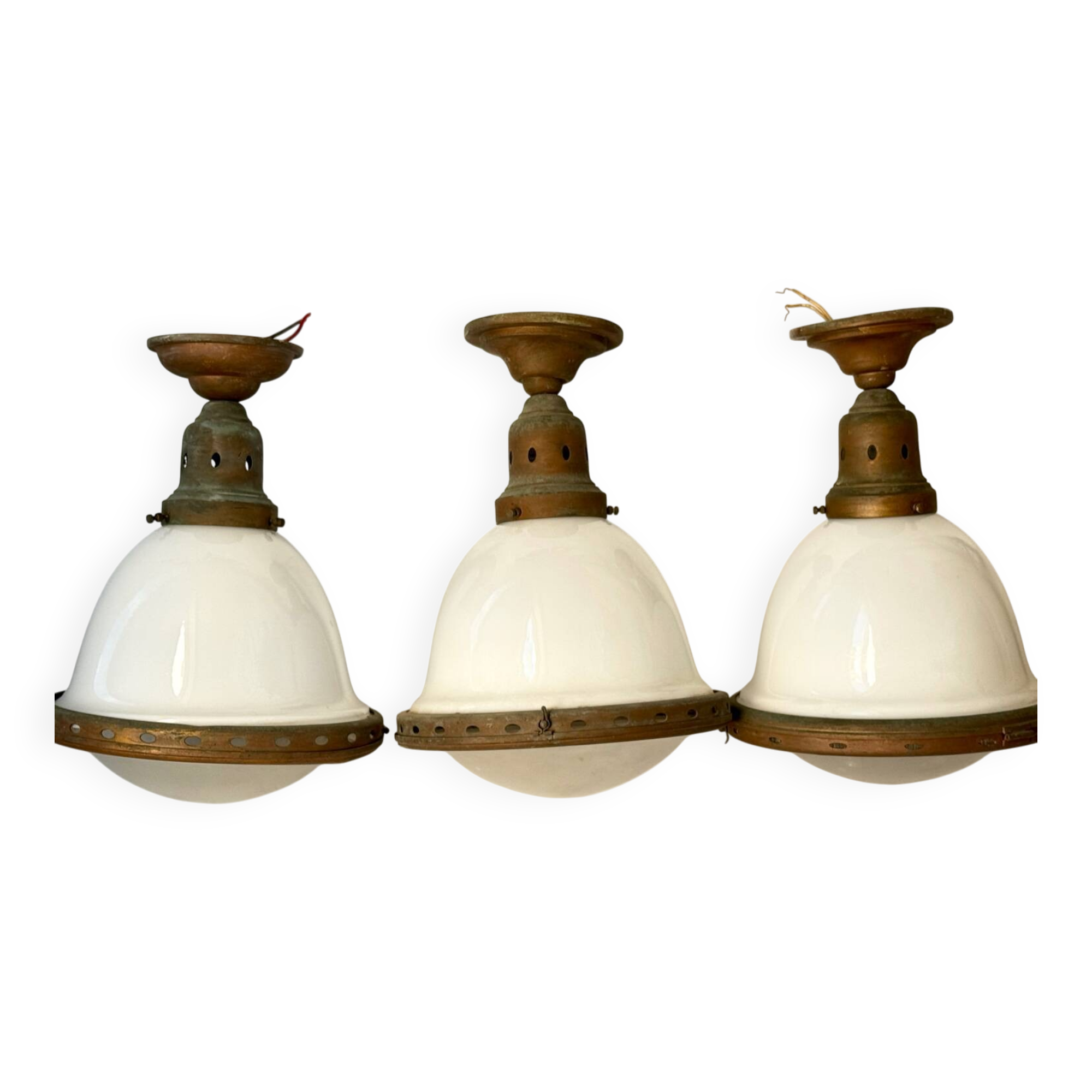 Bauhaus Art Deco Suspension Set in Opaline Glass and Brass 1930