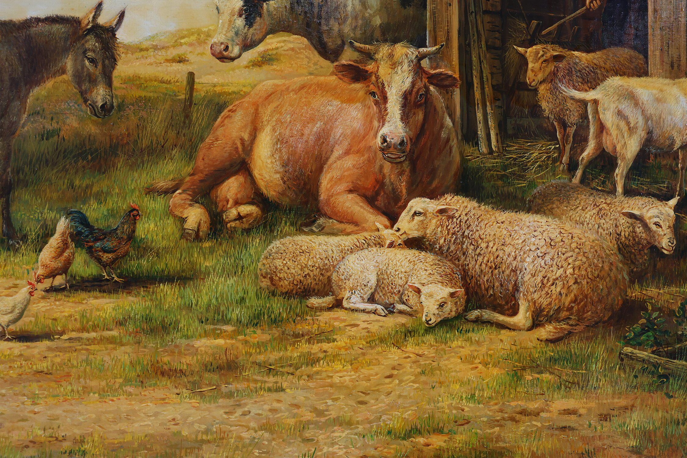 Belgian Artist, Farm Scene, 20th Century, Large Oil on Canvas, Framed