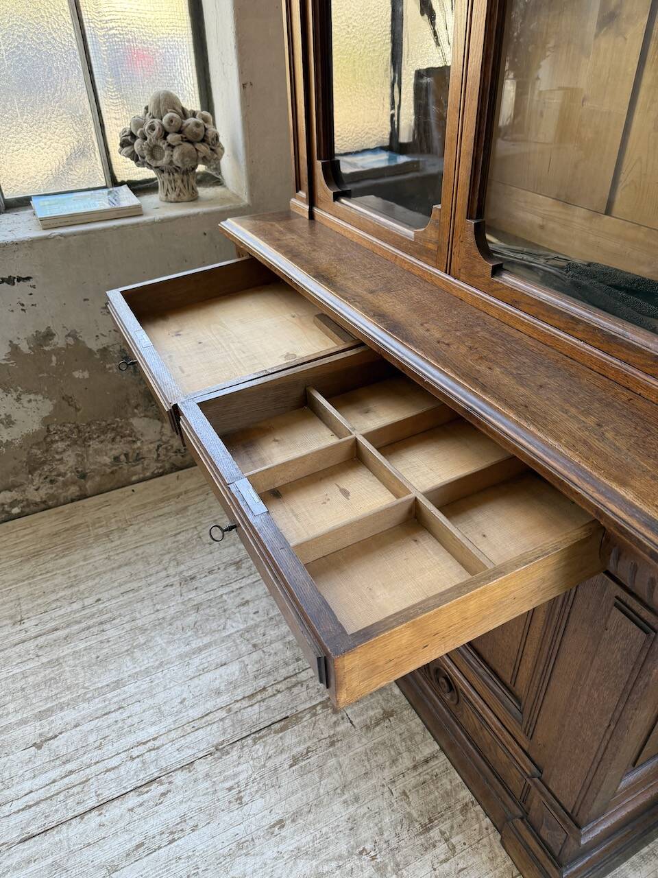 Antique XL Napoleonic oak glass bookcase, 19th century