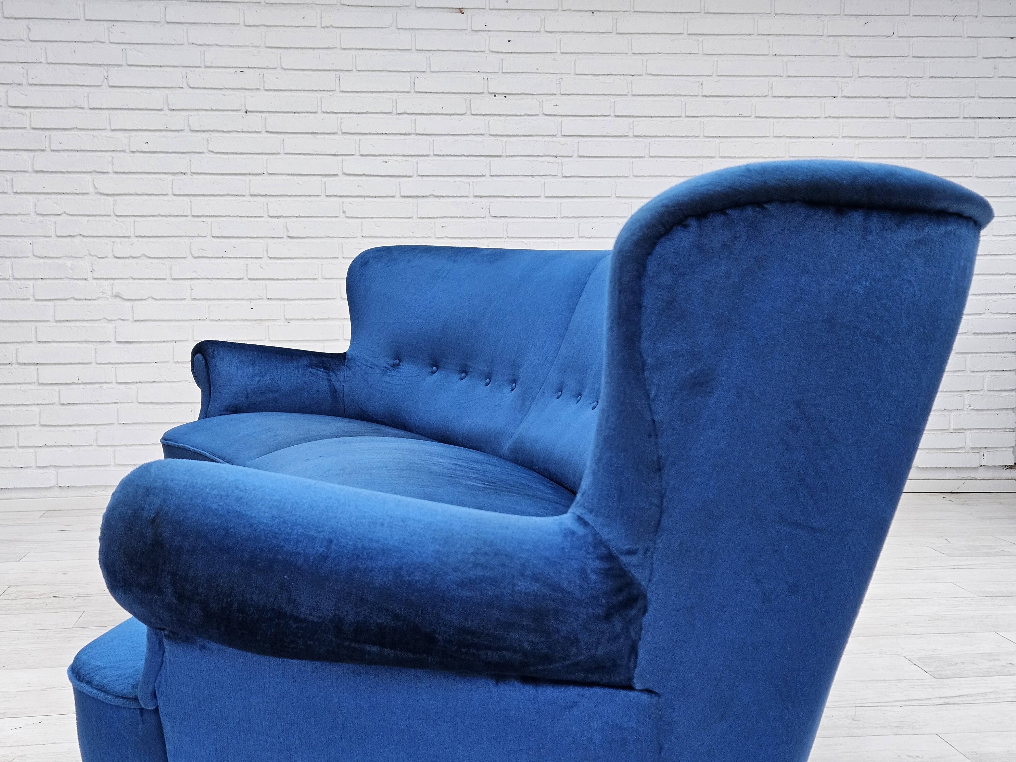 1960s, Danish 3-seater curved sofa, blue furniture velour, beech wood legs.