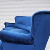 1960s, Danish 3-seater curved sofa, blue furniture velour, beech wood legs.