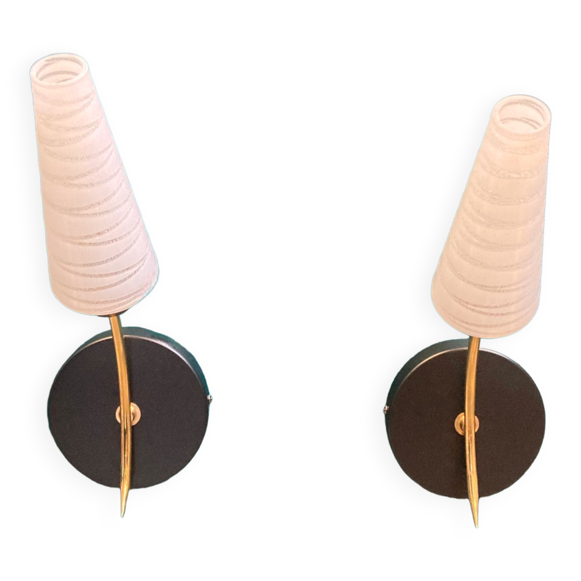 Pair of brass wall sconces and tulips in white glass rosette fixing metal vintage metal