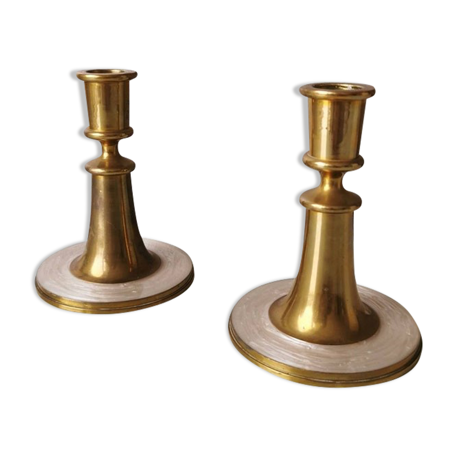 Set of 2 brass candle holders with mother-of-pearl, 1970s