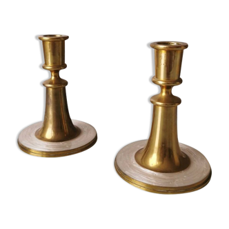 Set of 2 brass candle holders with mother-of-pearl, 1970s