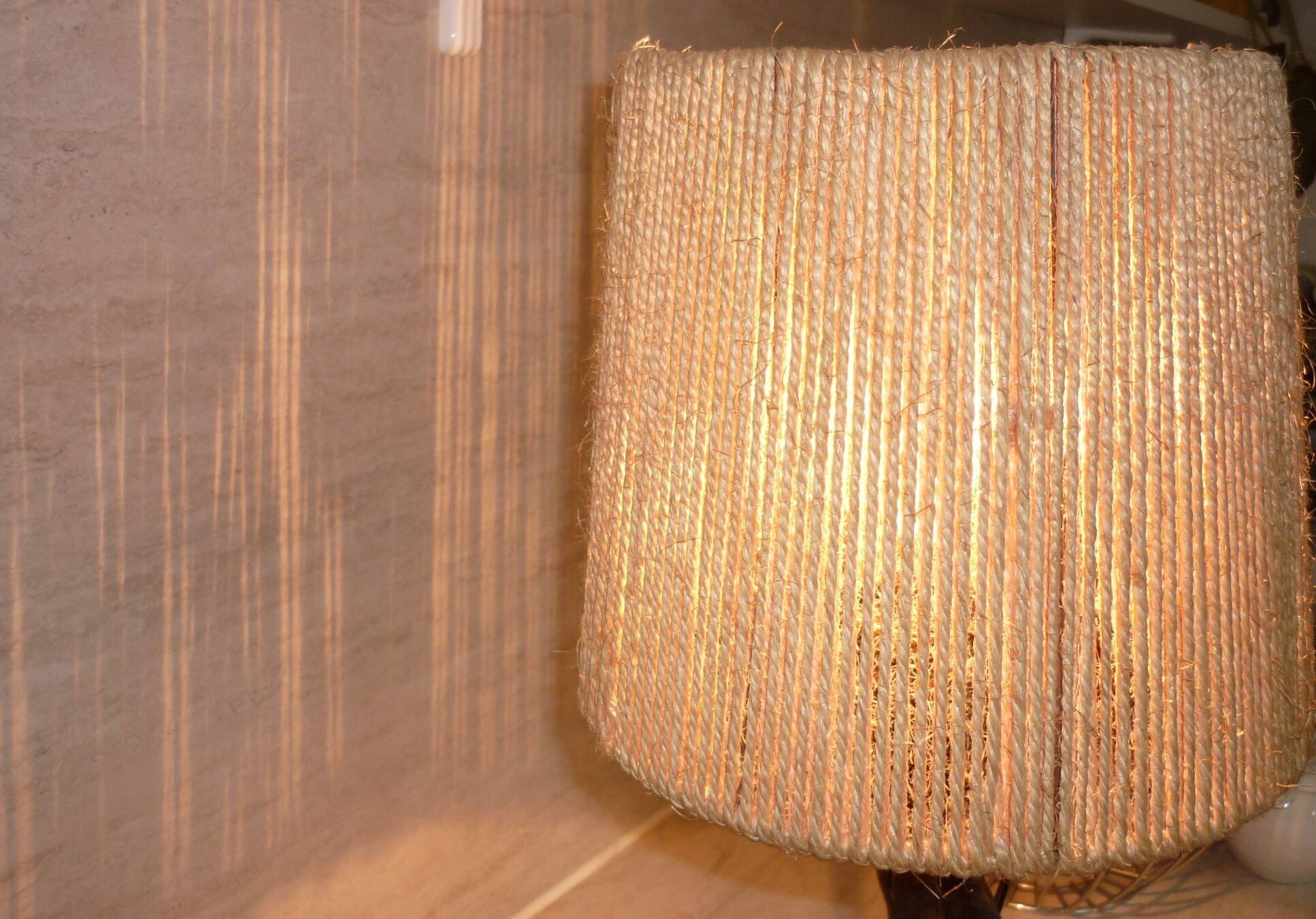 Brutalist lamp in vine stock and vintage rope or fabric lampshade