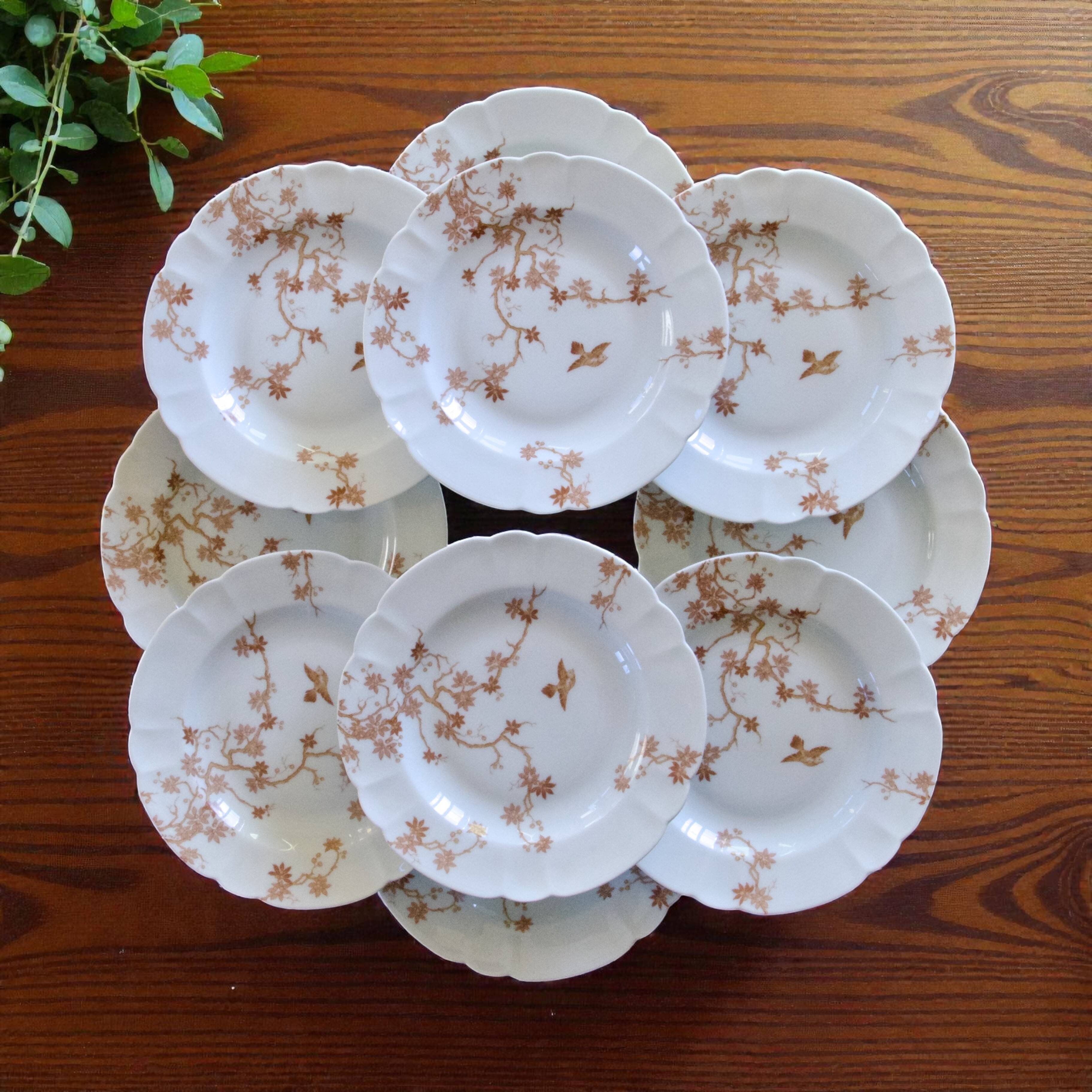 Antique Limoges porcelain plates by Charles Haviland, bird decoration