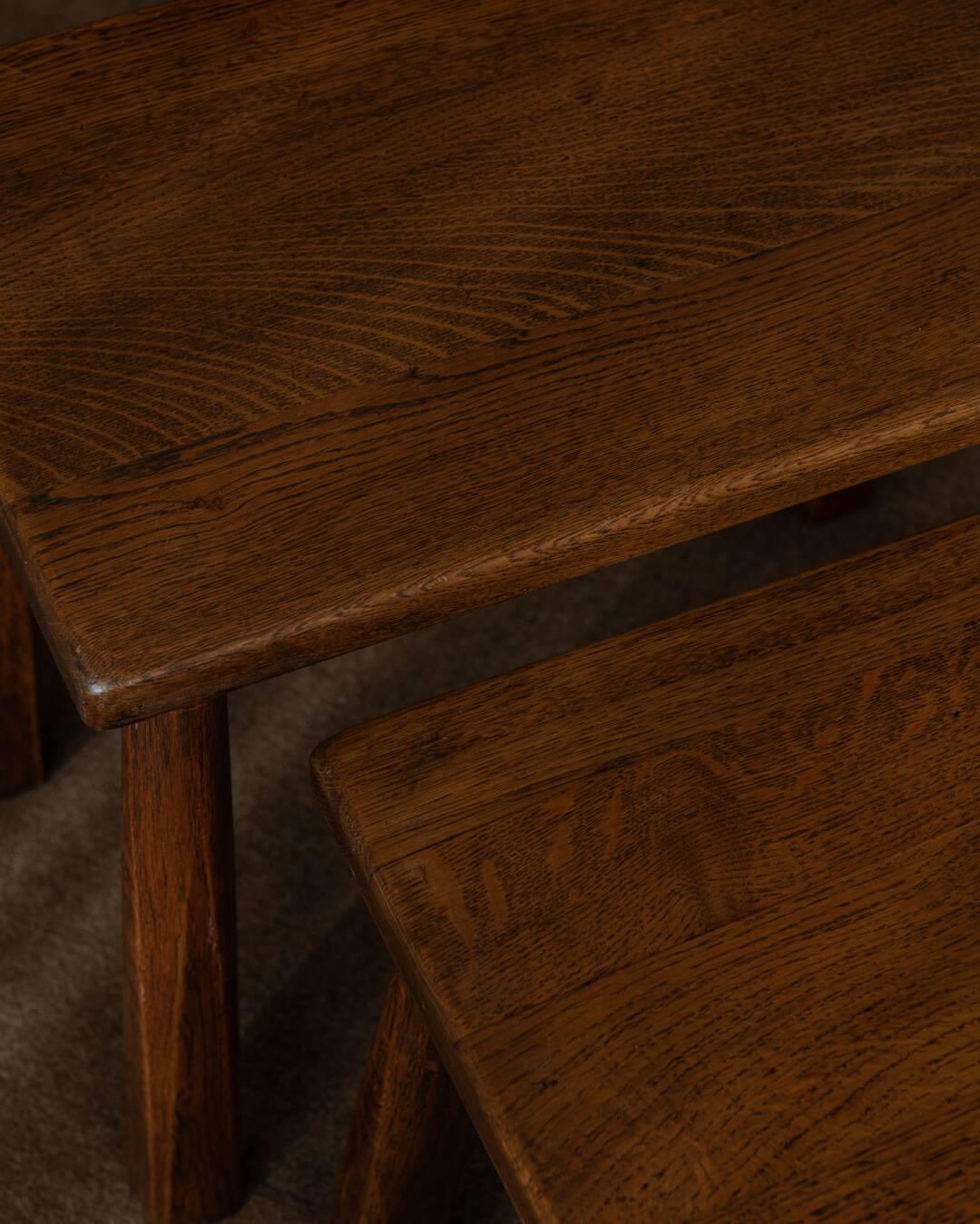 Vintage Oak Nesting Tables (Set of 3) – Rustic Modernist Side Tables, 1970s