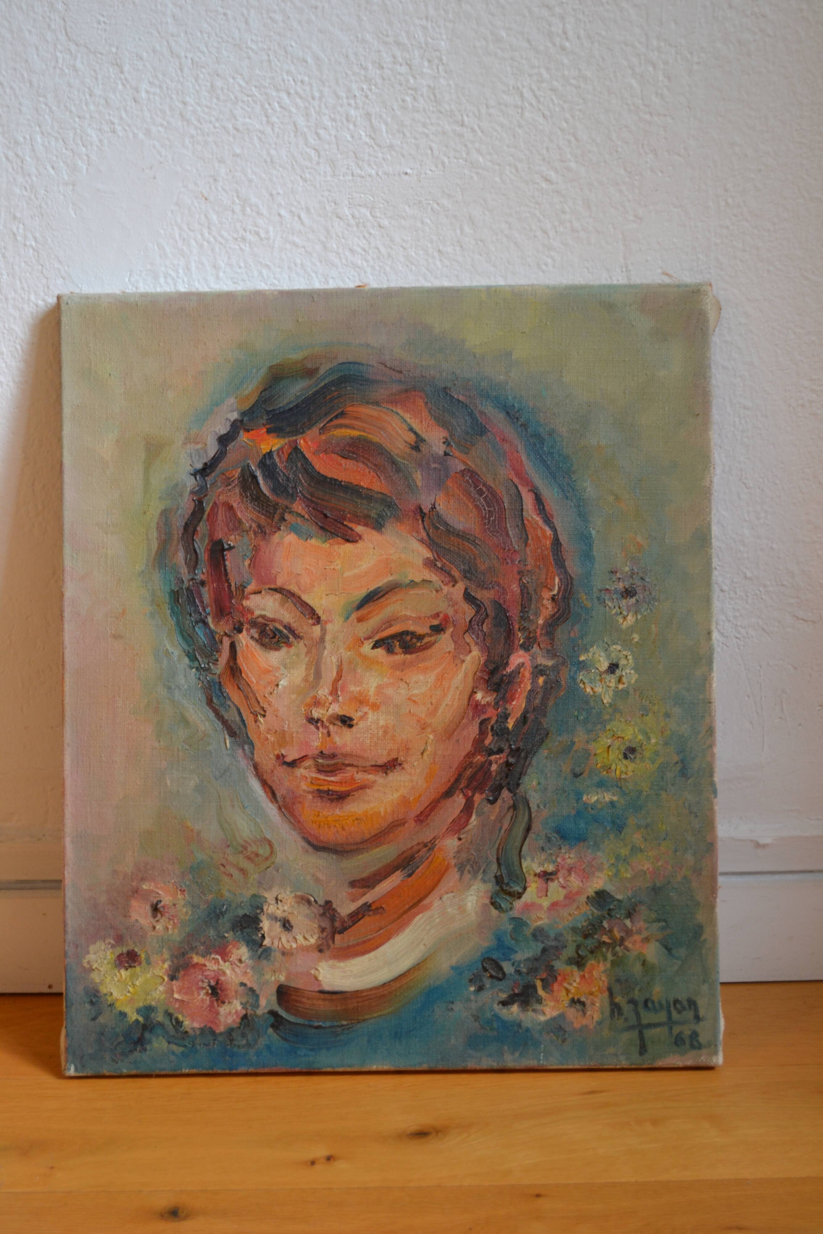 Portrait by Henri Zayan, HST painting, French school, mid-20th century.