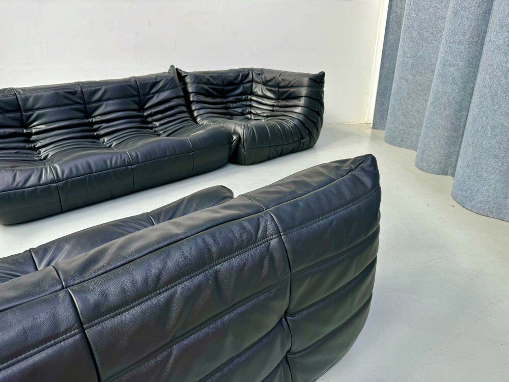 French Togo living room set in black leather by Michel Ducaroy for Ligne Roset, set of 3