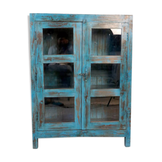Old display case in Burmese teak with original blue patina
