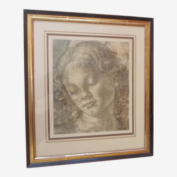 1970 lithograph head of angel by andrea del verrocchio, wood glass frame, xv ° museum florence italy