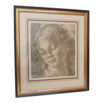 1970 lithograph head of angel by andrea del verrocchio, wood glass frame, xv ° museum florence italy