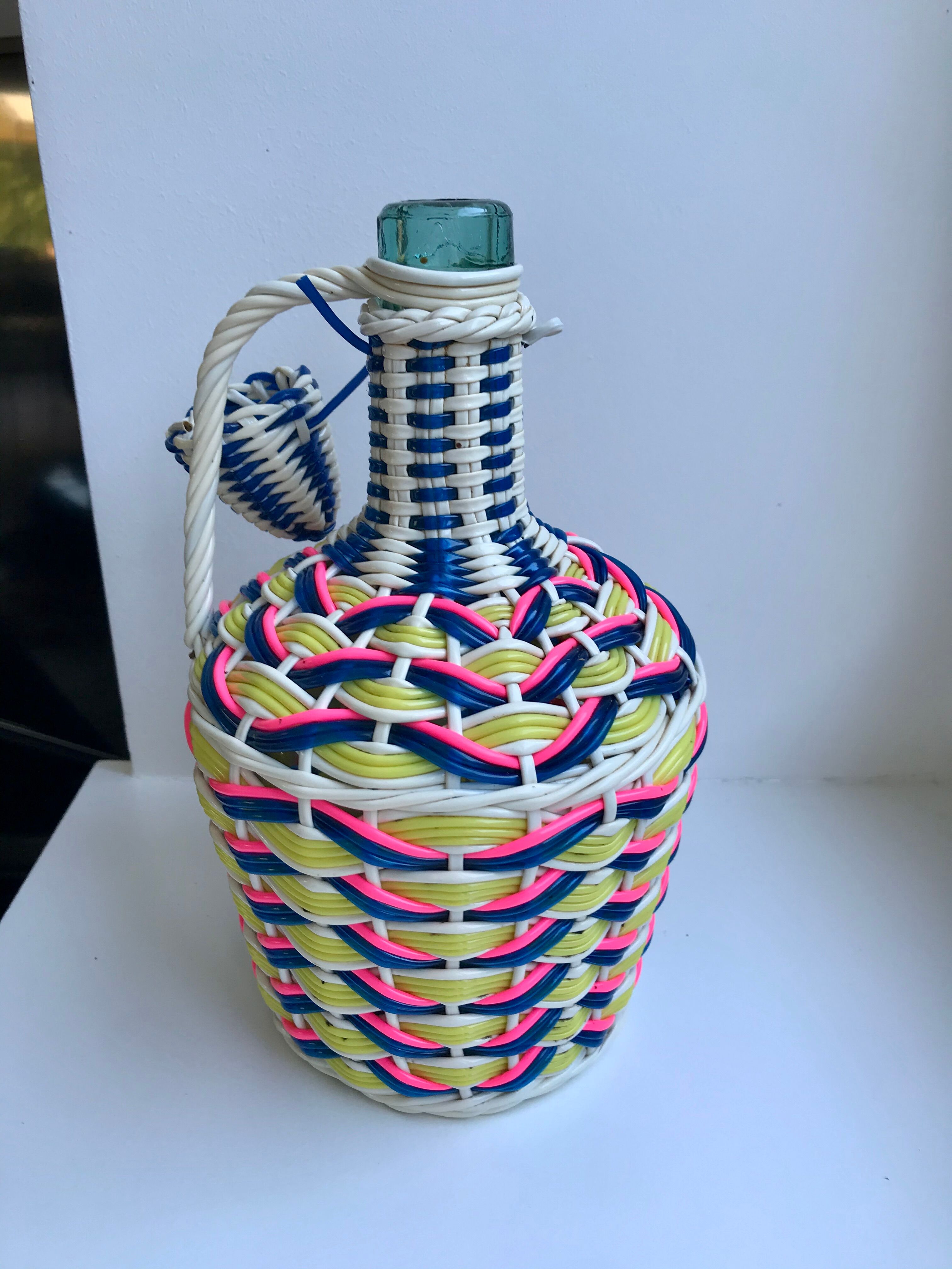 Scoubidou bottle with blue pink and yellow handle 70s