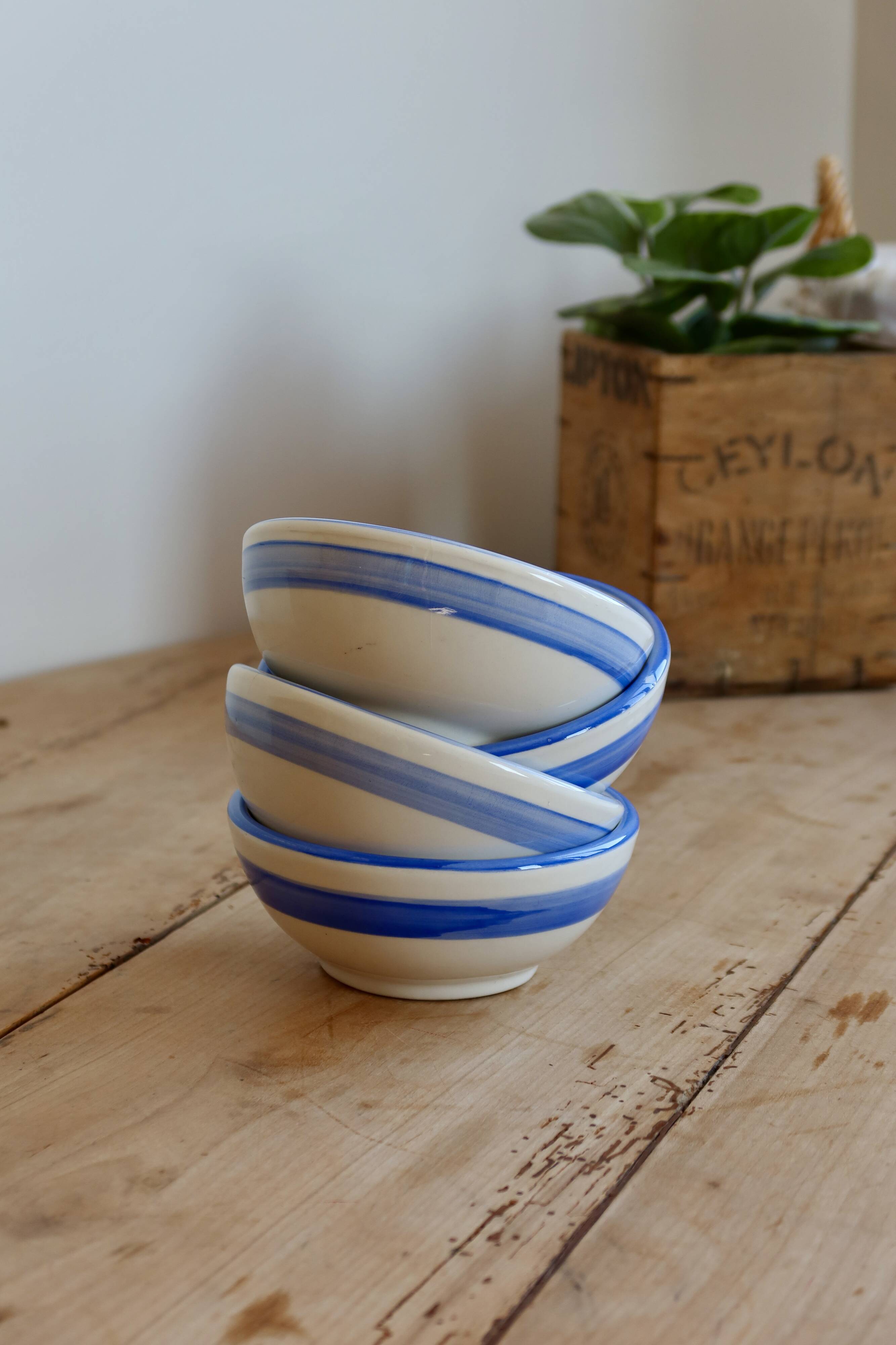 4 vintage striped ivory and blue earthenware bowls by Afibel