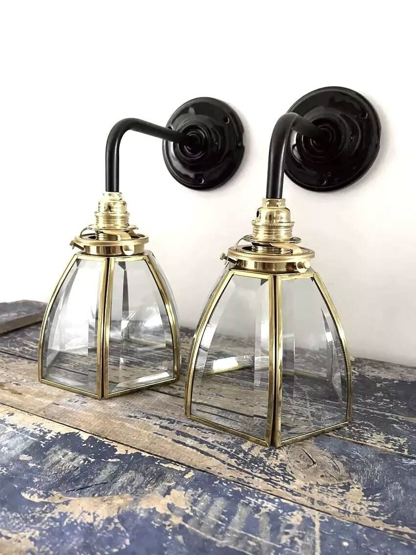 Pair of brass and glass wall lights