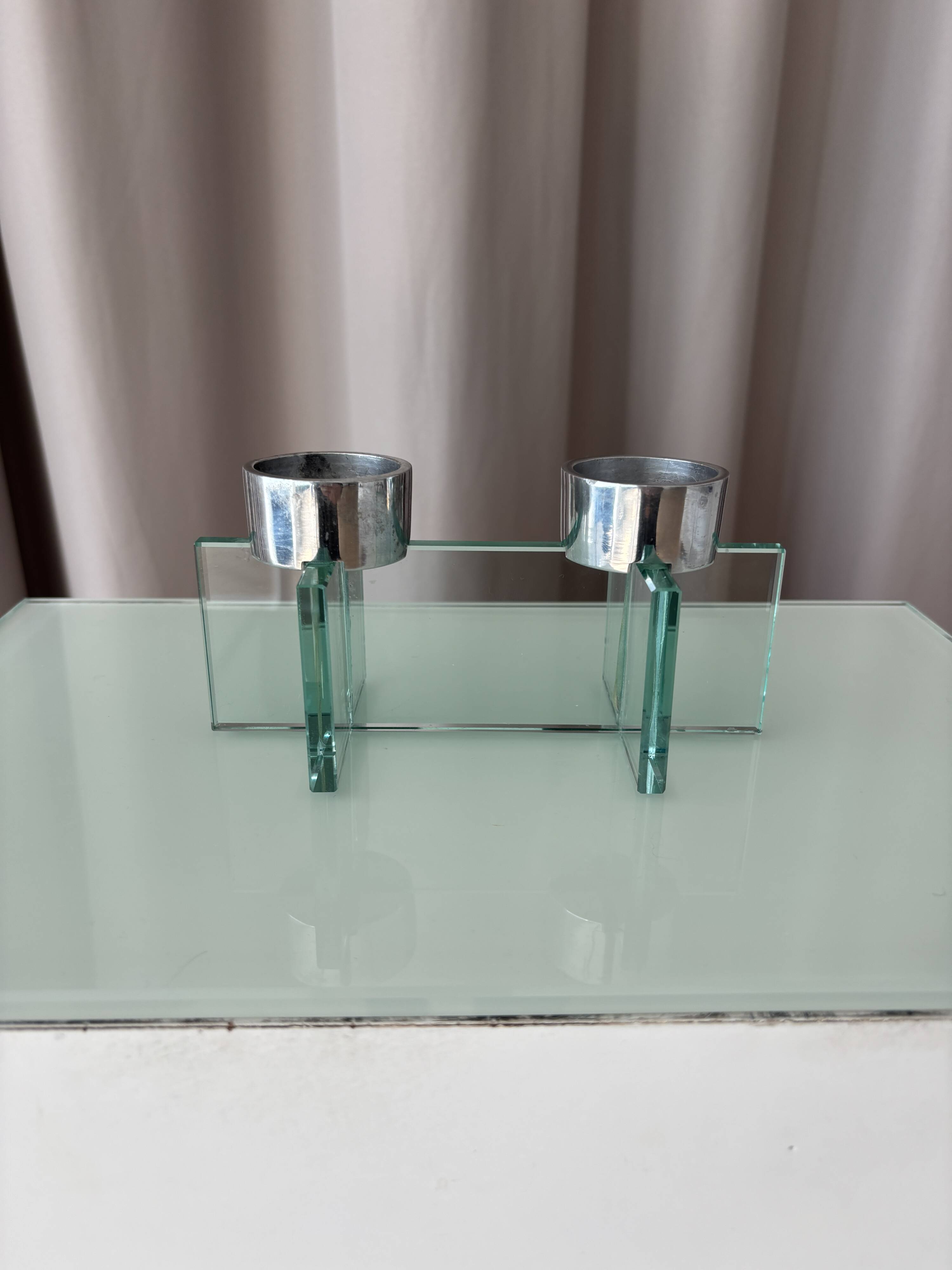 Postmodern double candlestick in glass and chrome metal
