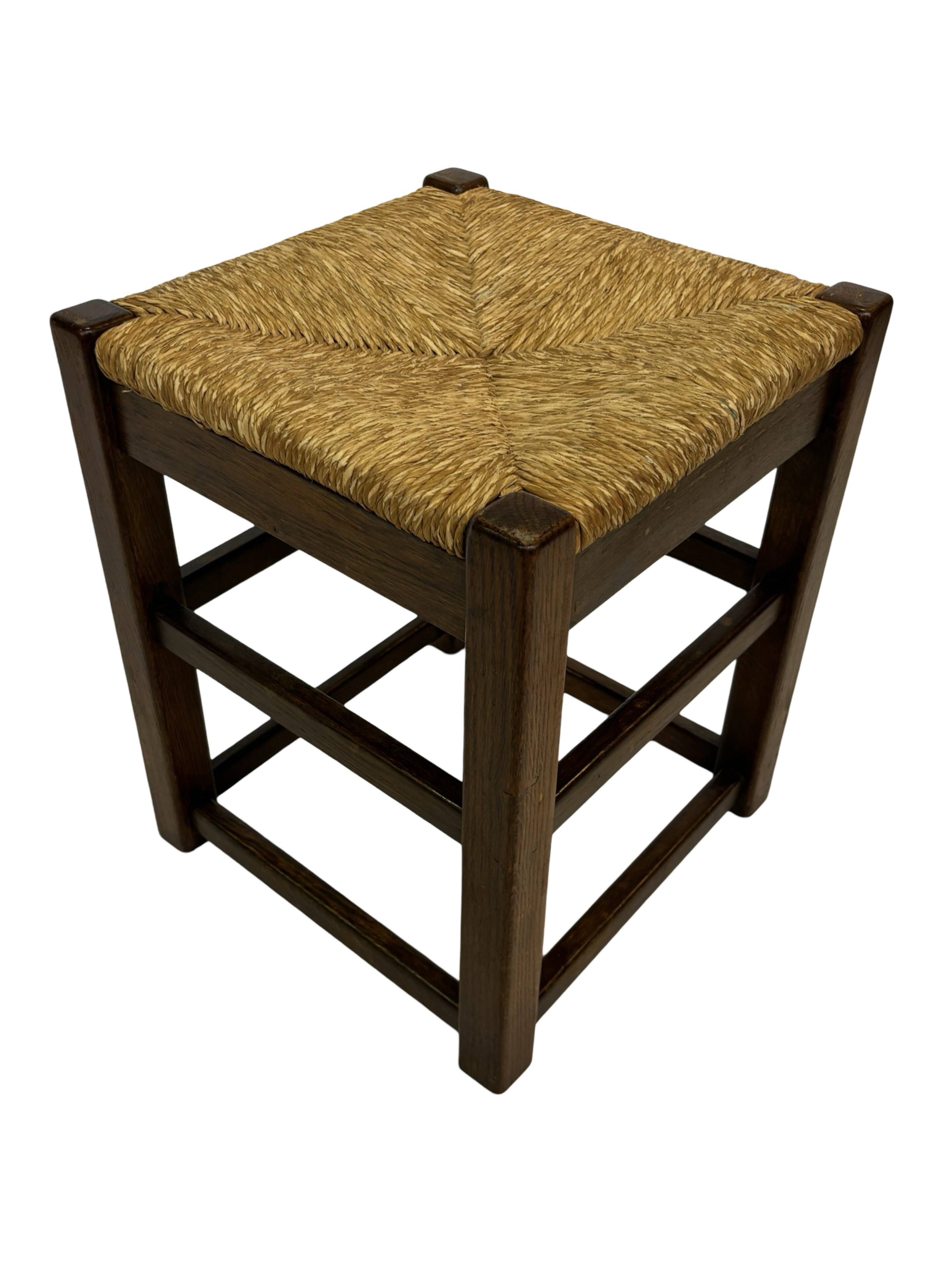 Vintage wooden stool straw seat 60s minimalist design