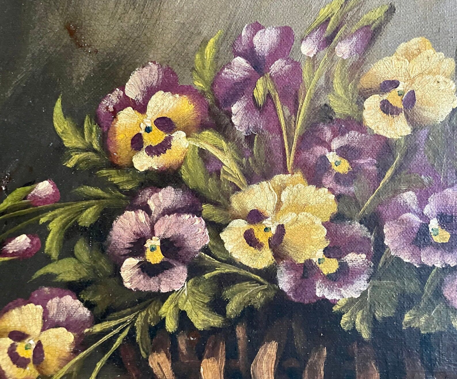 Peinture à l’huile du XIXème siècle sur toile nature morte avec vase de pensées antique vintage original