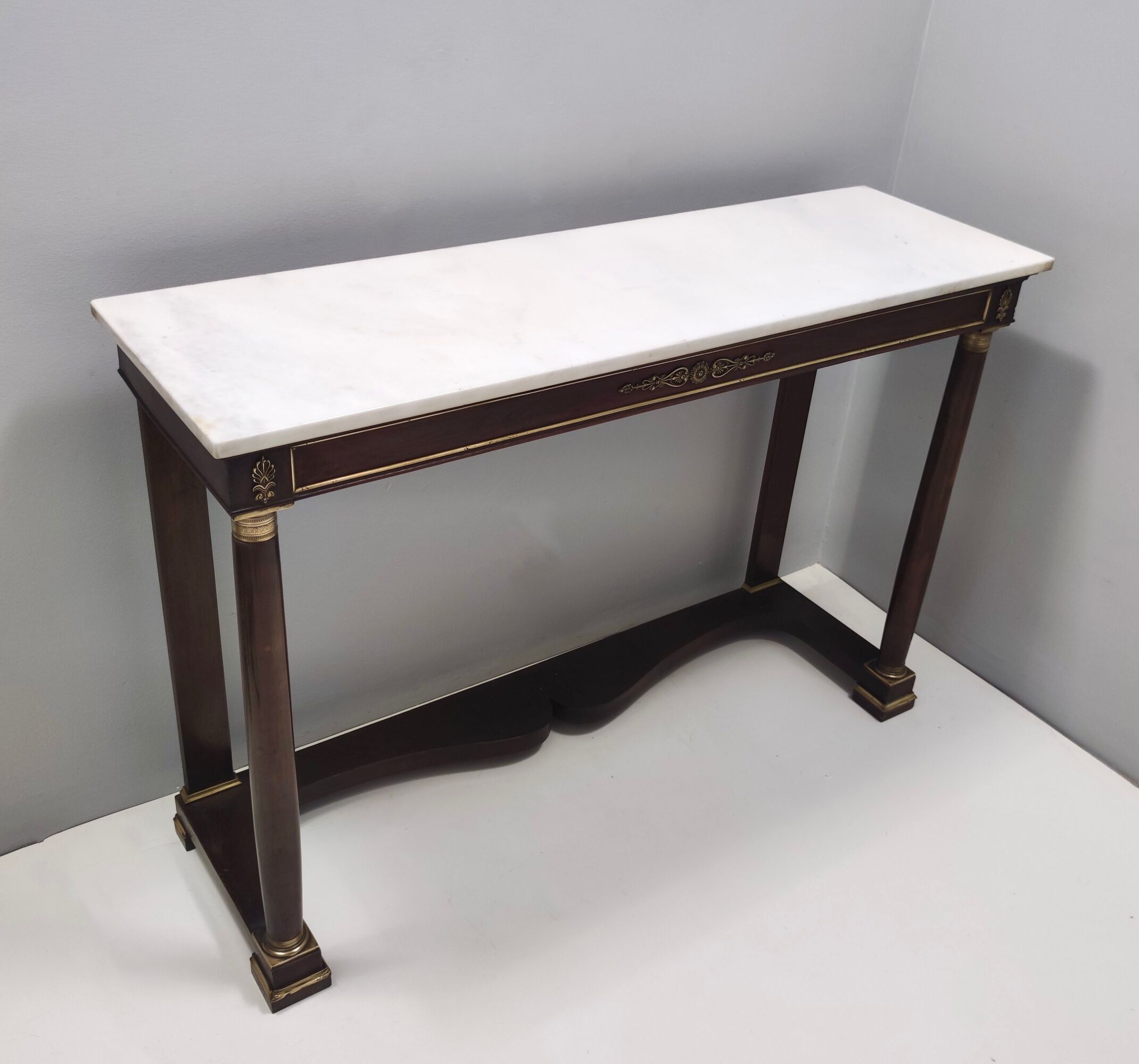 Neoclassical Style Walnut Console with a Rectangular Carrara Marble Top, Italy