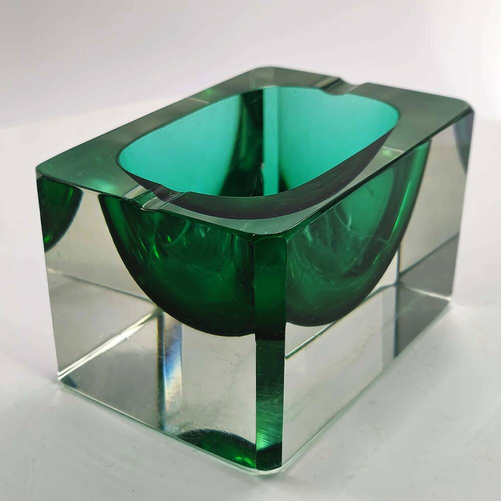 1960s Rare Rectangular Uranium Multifaceted Ashtray in Murano Glass
