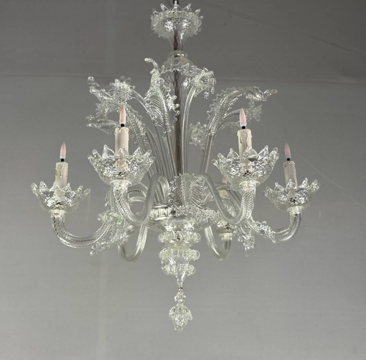 Venetian chandelier in colorless Murano glass with 6 light arms circa 1940