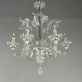 Venetian chandelier in colorless Murano glass with 6 light arms circa 1940