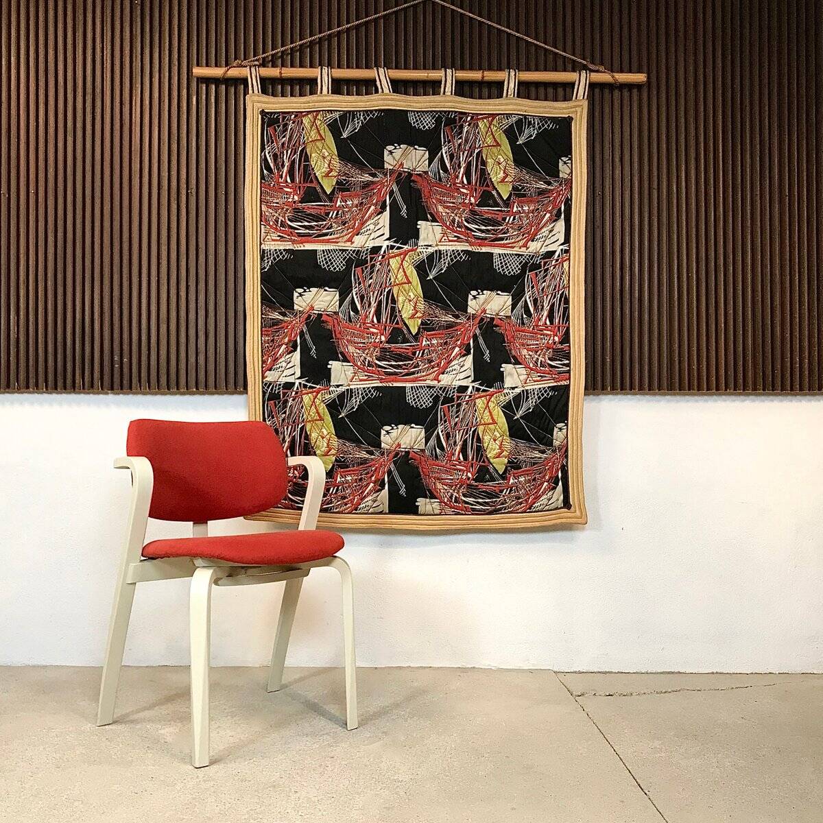 Tapestry wall hanging with sailing boats motif on bamboo rod, Italy 1940s