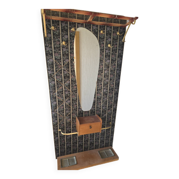 Vintage wall coat rack from the 60s/70s with a mirror, hooks, and a drawer.