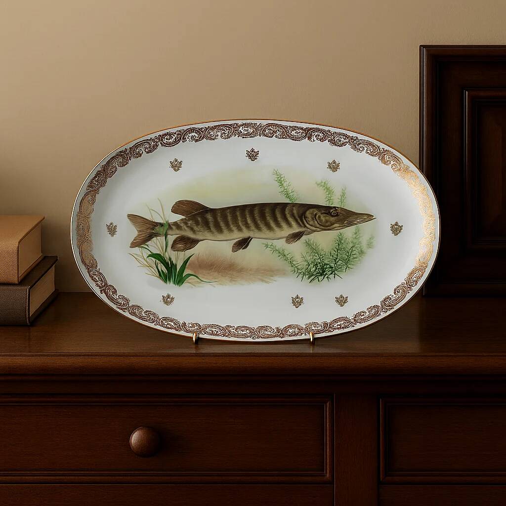 Large French porcelain dish L.C – Painted pike & gilded frieze