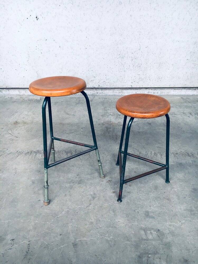 Set of Industrial Green Tripod Stool Set, Belgium, 1950s
