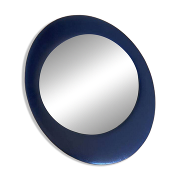 Miroir mural ovale années 1970 skaï bleu
