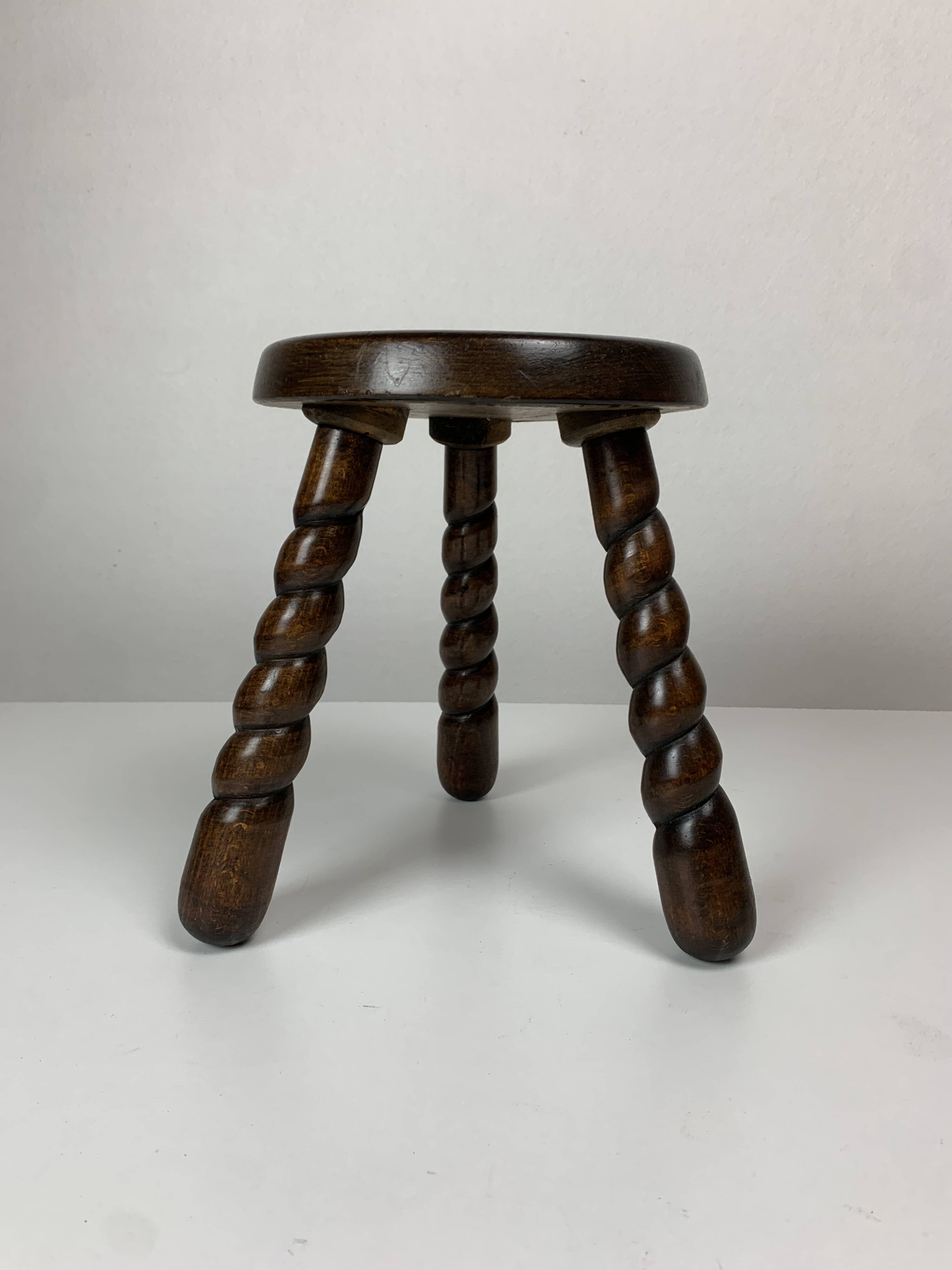Pair of 2 midcentury brutalist modernist wood turned stools, ca 1950s