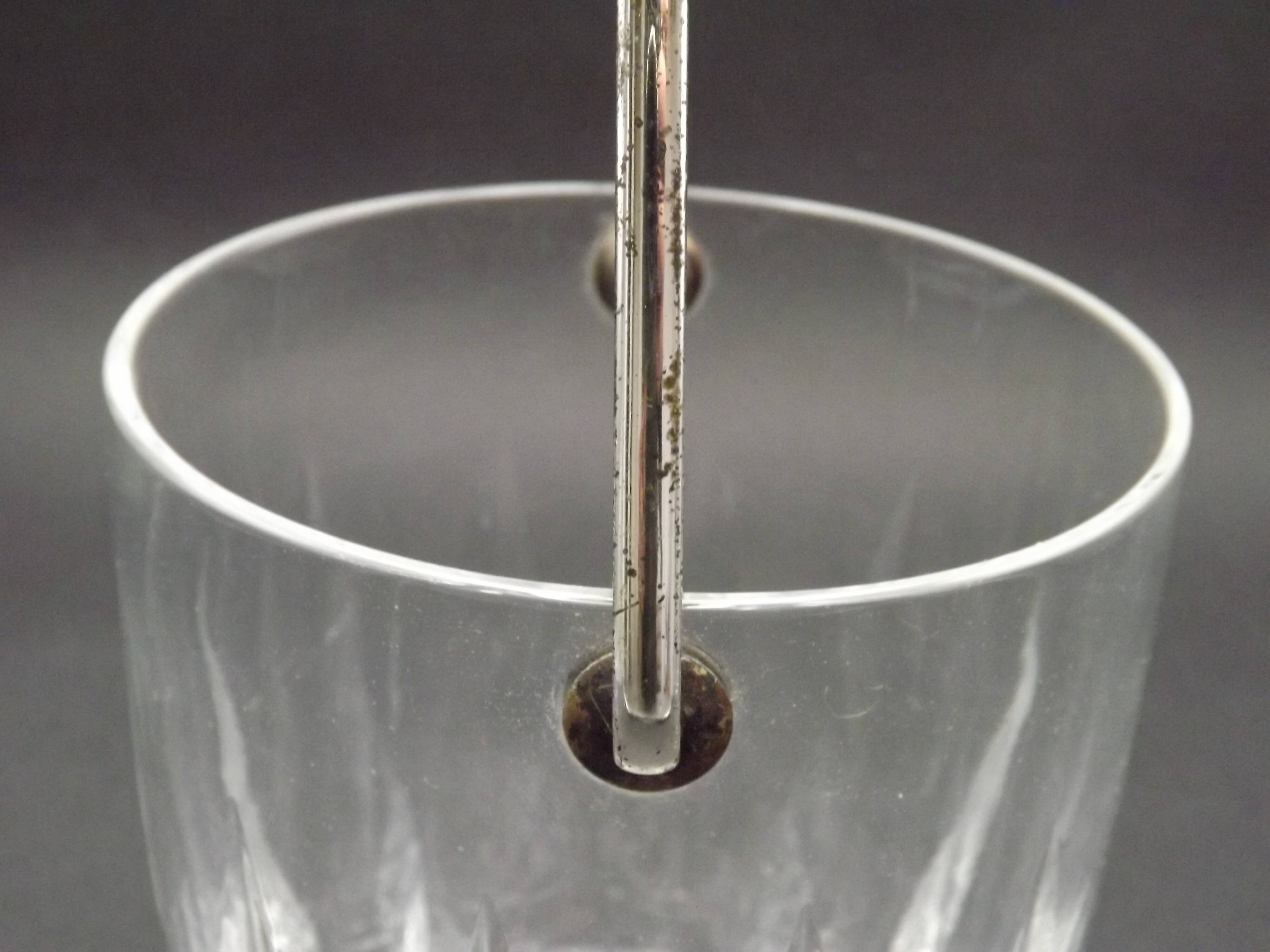 Vintage French heavy cut glass ice bucket with silver metal carry handle 4504.