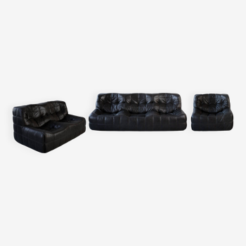 Ensemble de Salon Kashima Vintage en Cuir Noir par Michel Ducaroy pour Ligne Roset, 1976, Set de 3