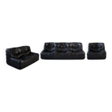 Ensemble de Salon Kashima Vintage en Cuir Noir par Michel Ducaroy pour Ligne Roset, 1976, Set de 3