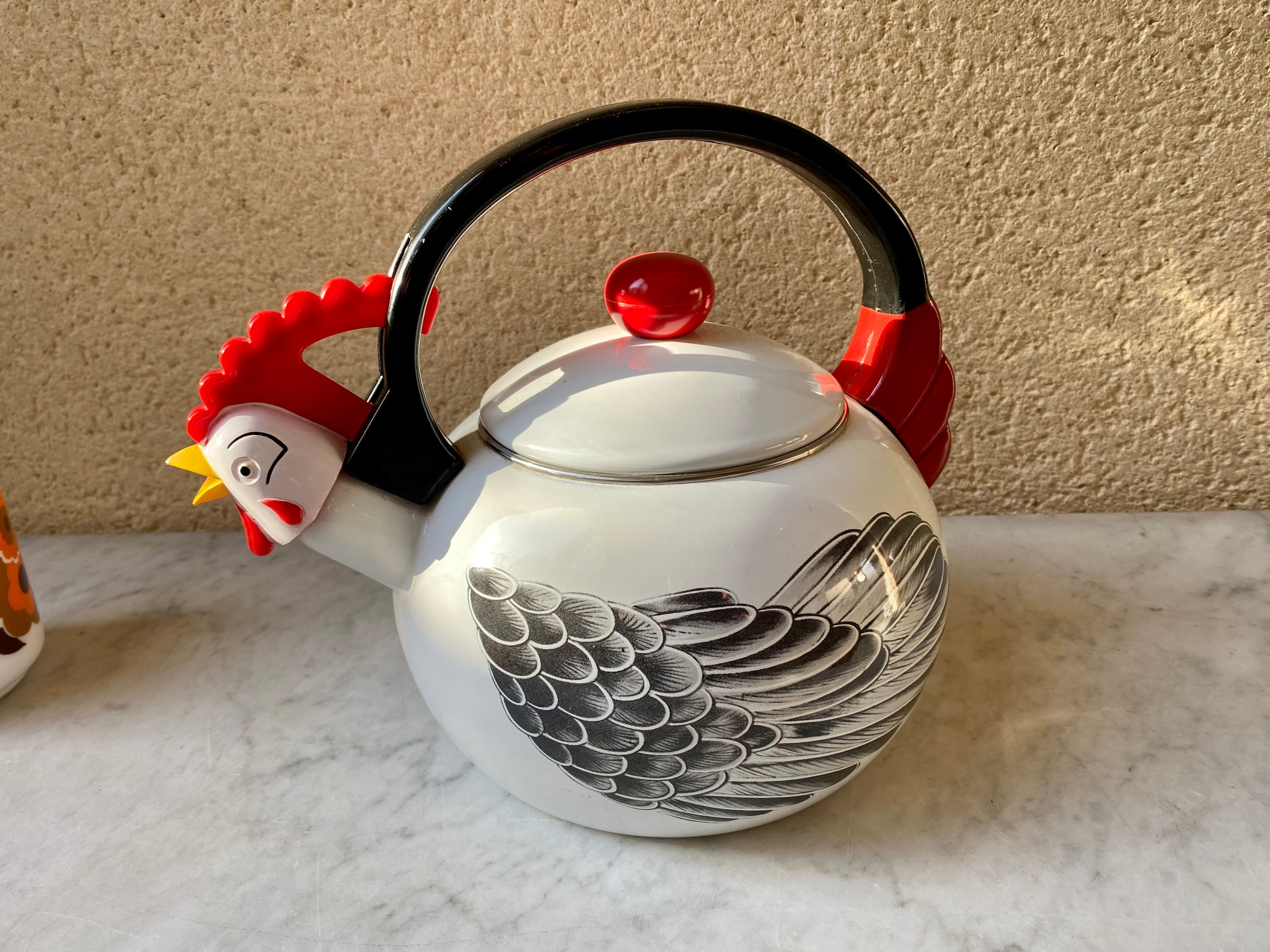 Kettle sheet metal enamel vintage 80s kamenstein decorations rooster