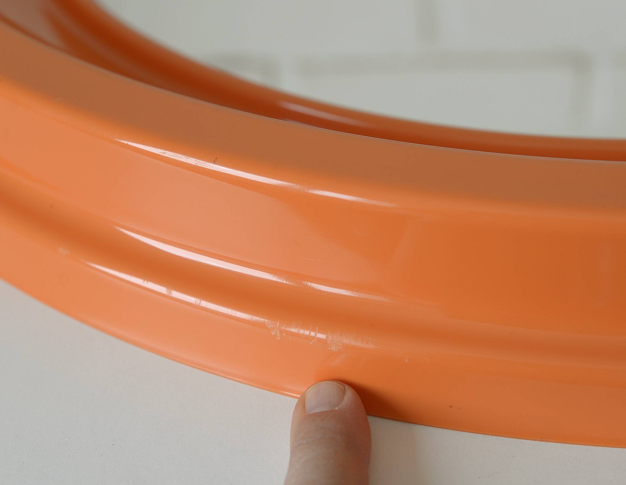 Orange vintage round wall plastic mirror 1980s, space age vanity mirror