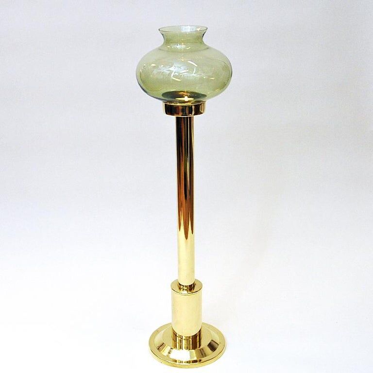 Norwegian Tall Odel Brass Candleholder with green shade 1960s