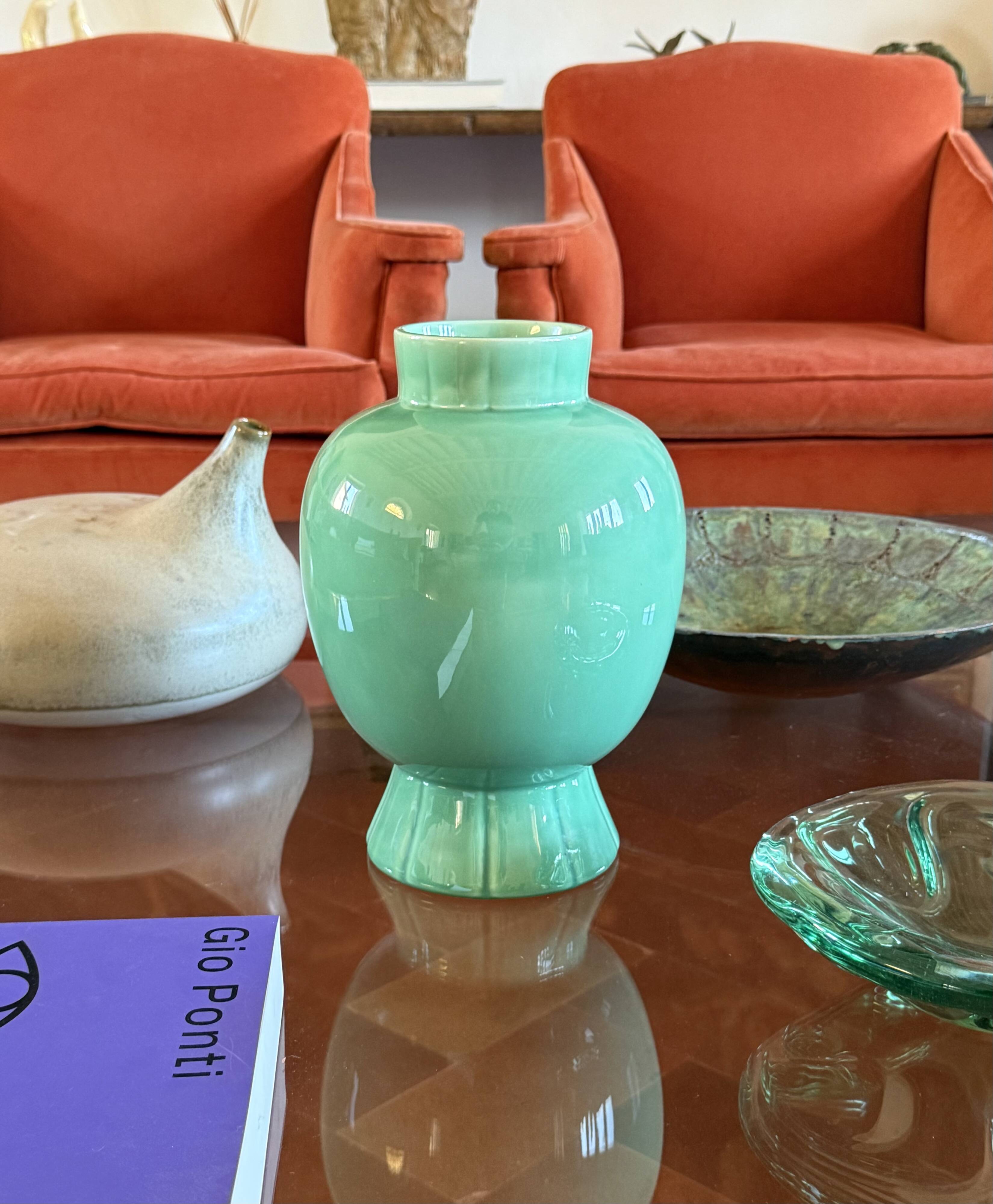 Paul Millet, Art Deco green ceramic vase, Sevres France 1930s