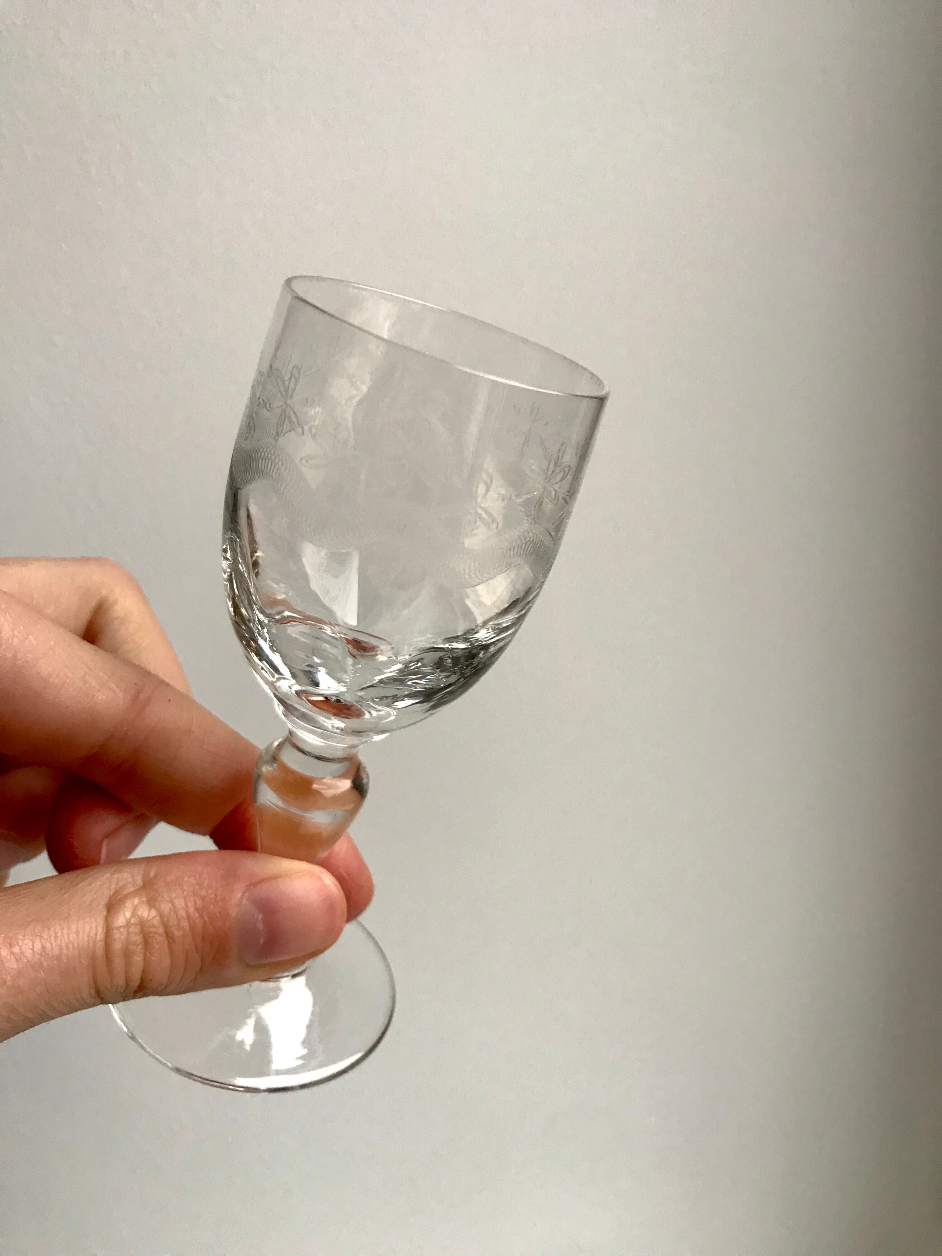 Set of 10 small glasses with feet / crystal liquor engraved 30s