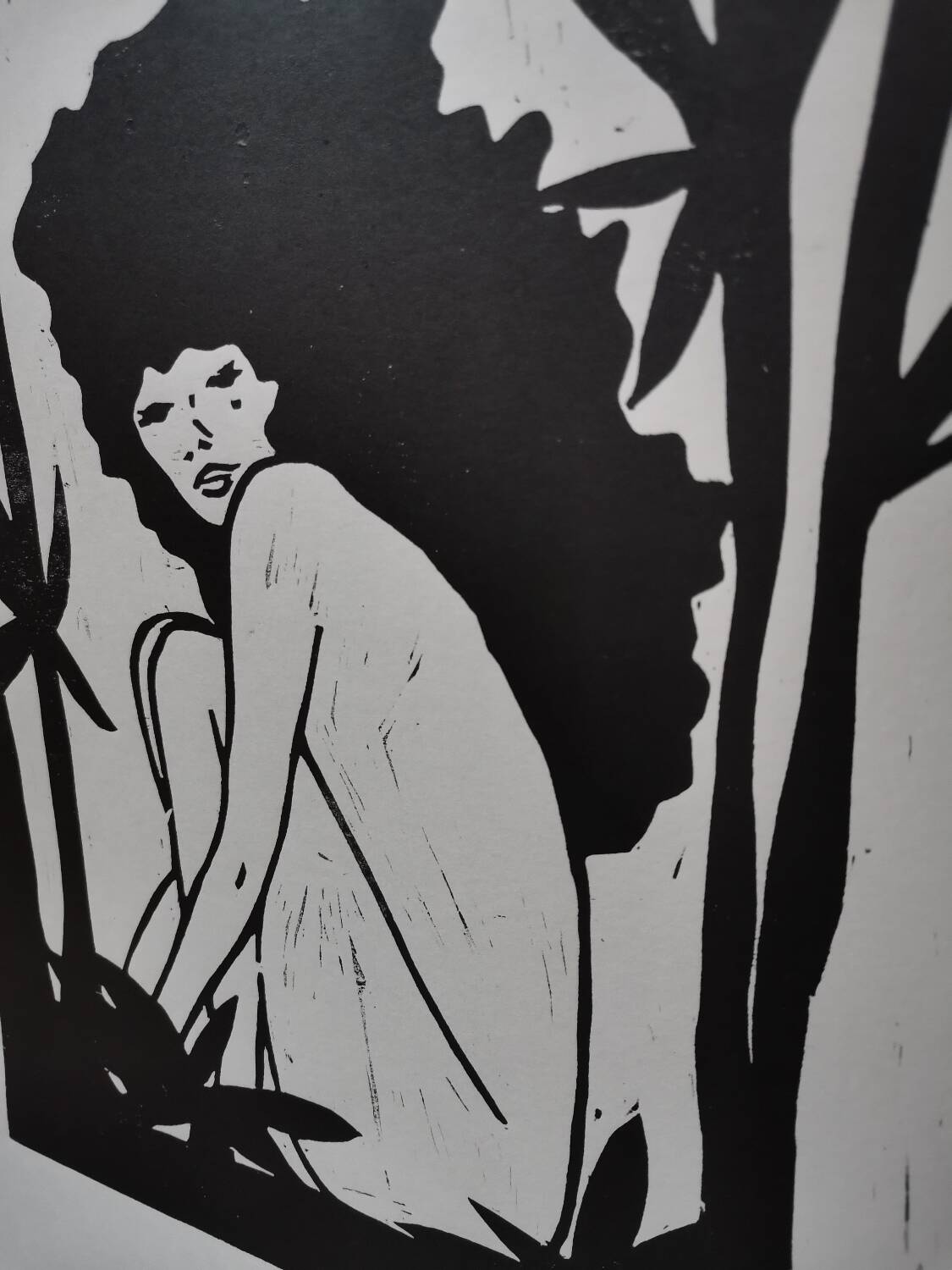 Woodcut engraving original print stamped numbered woman in the jungle motif