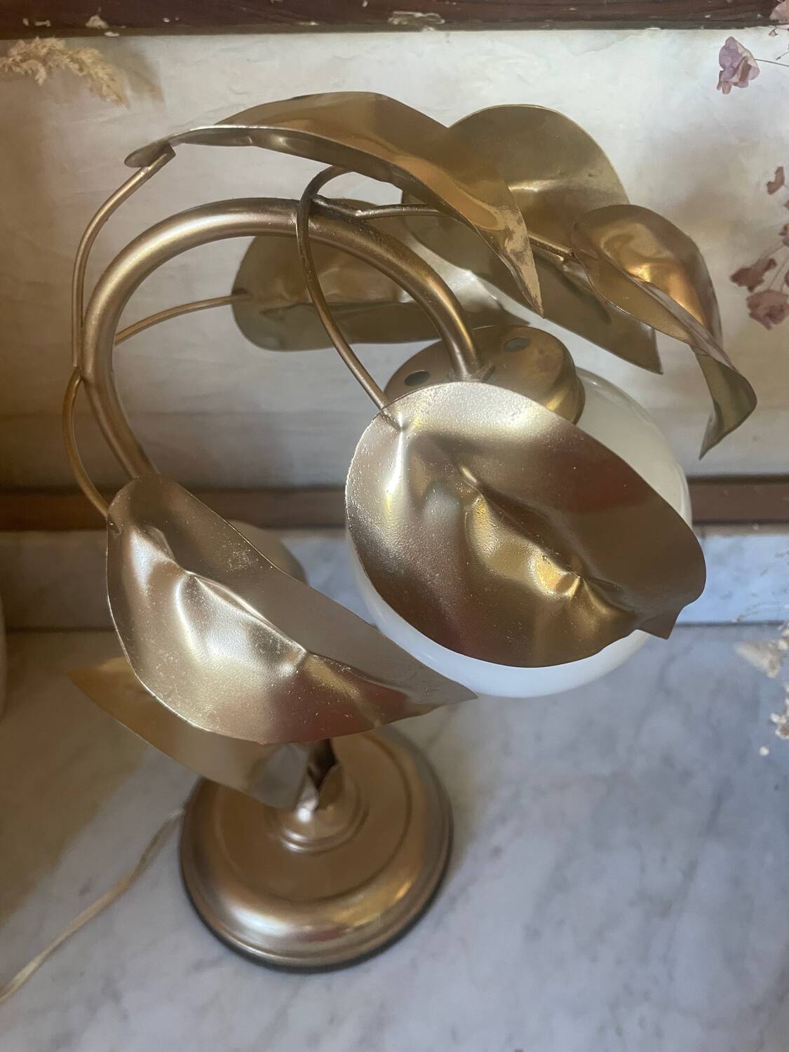 70s gold metal and opaline lamp