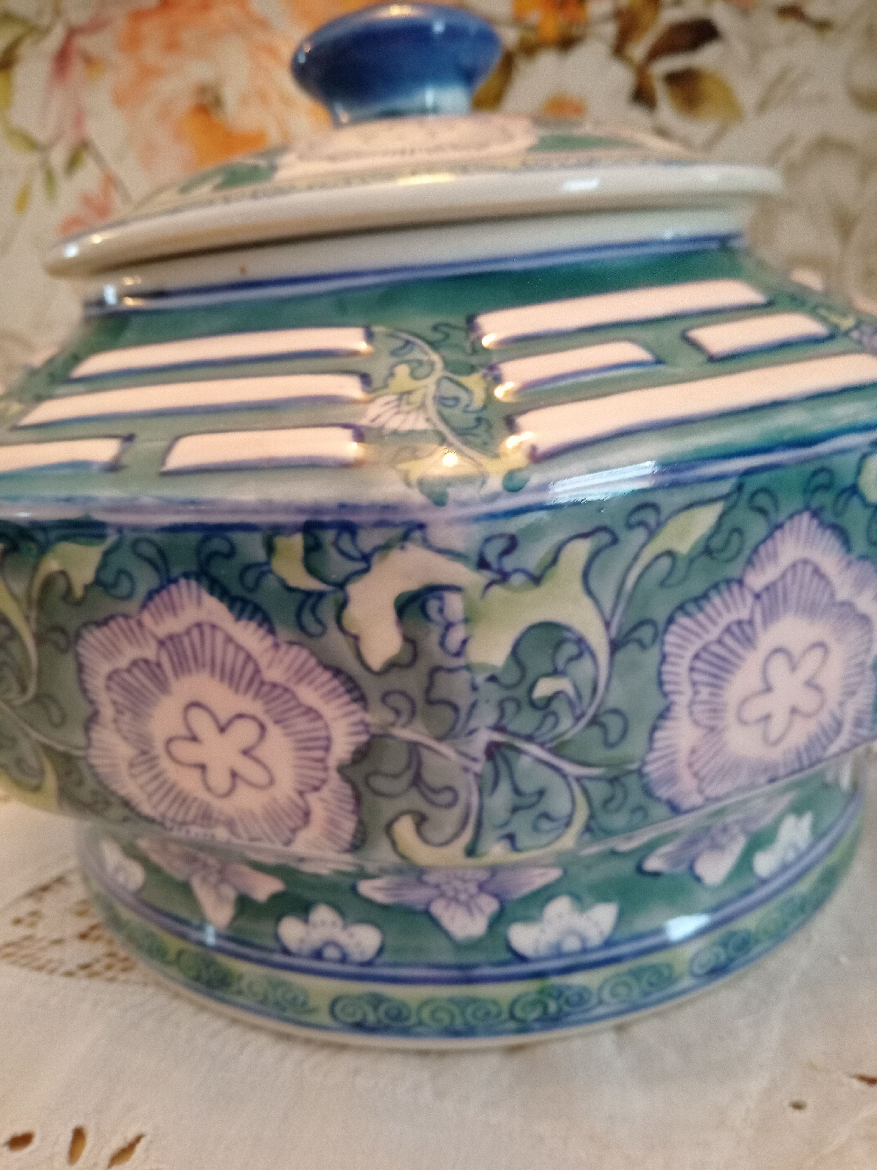 Lidded pot, Chinese ceramic urn celt decoration, blue and lilac