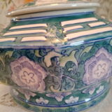 Lidded pot, Chinese ceramic urn celt decoration, blue and lilac