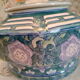 Lidded pot, Chinese ceramic urn celt decoration, blue and lilac