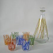Colorful designer set composed of 7 liqueur glasses and a seventies 70s carafe
