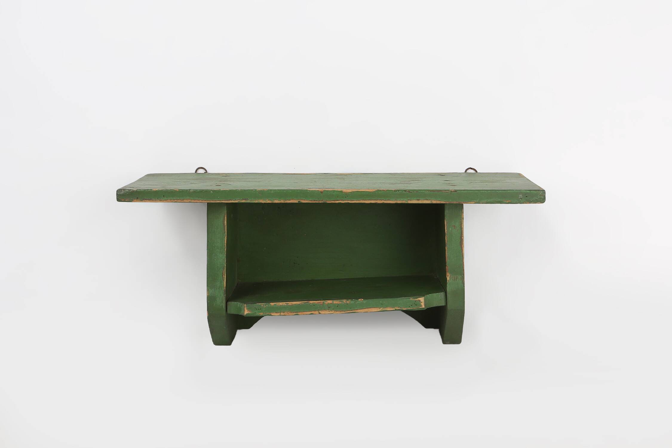 Rustic small green wooden wall unit with 2 shelfs, France ca. 1880