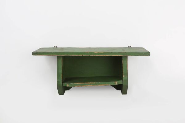 Petite unité murale rustique en bois vert avec 2 étagères, France vers 1880